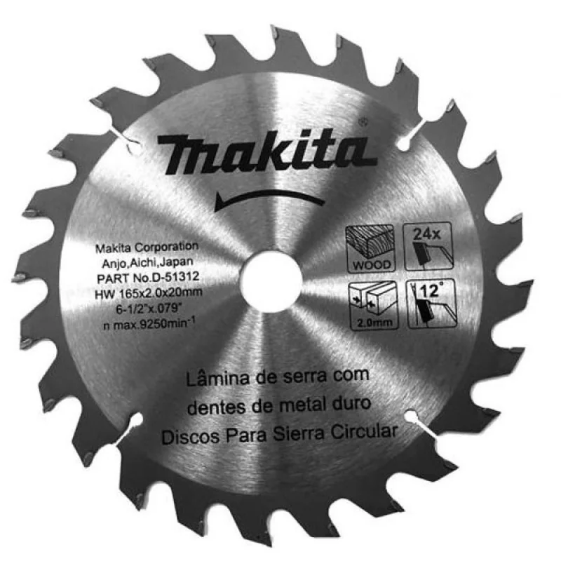 Disco Sierra 6-1/2" X 20Mm X 24 Dte Madera Con Buje D-51312 Makita