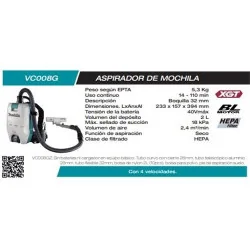 Aspiradora 2Lt 40V 2,4M3/Min 18Kpa Seco Hepa Bl Vc008Gz-1 Makita