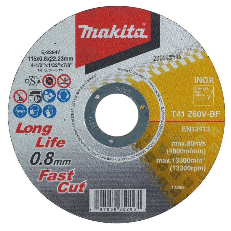 Disco Corte Acero Inox. 4-1/2" (Z60T 115x0.8x22.2 E-22947 Makita
