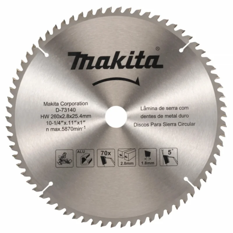 DISCO SIERRA ALUMINIO 10-1/4" 260X25.4X70t (Con Anillo 15.88Mm) D-73140 Makita